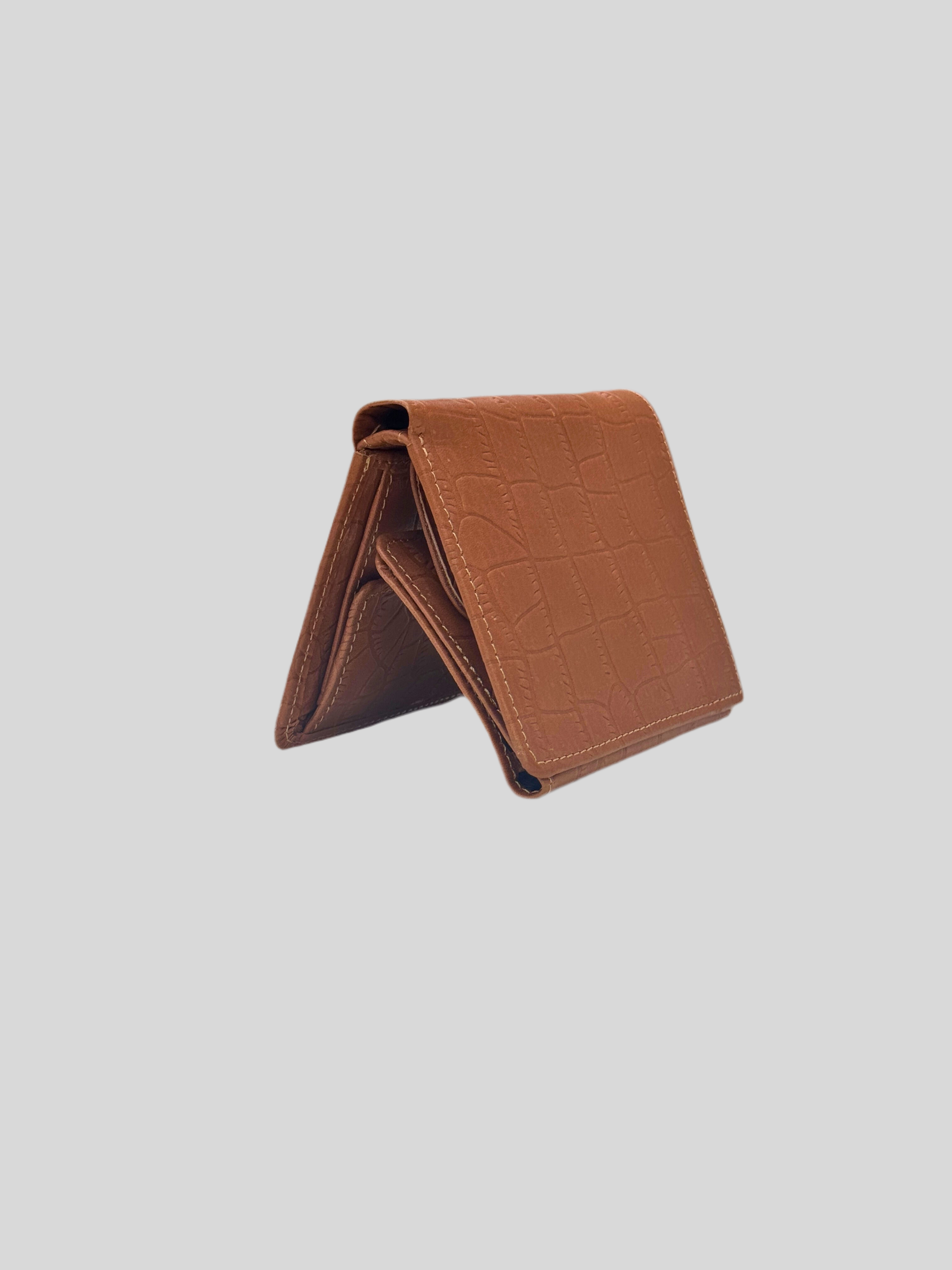 Tan Crocodile-Embossed Leather Bifold Wallet with Zipper & ID Window