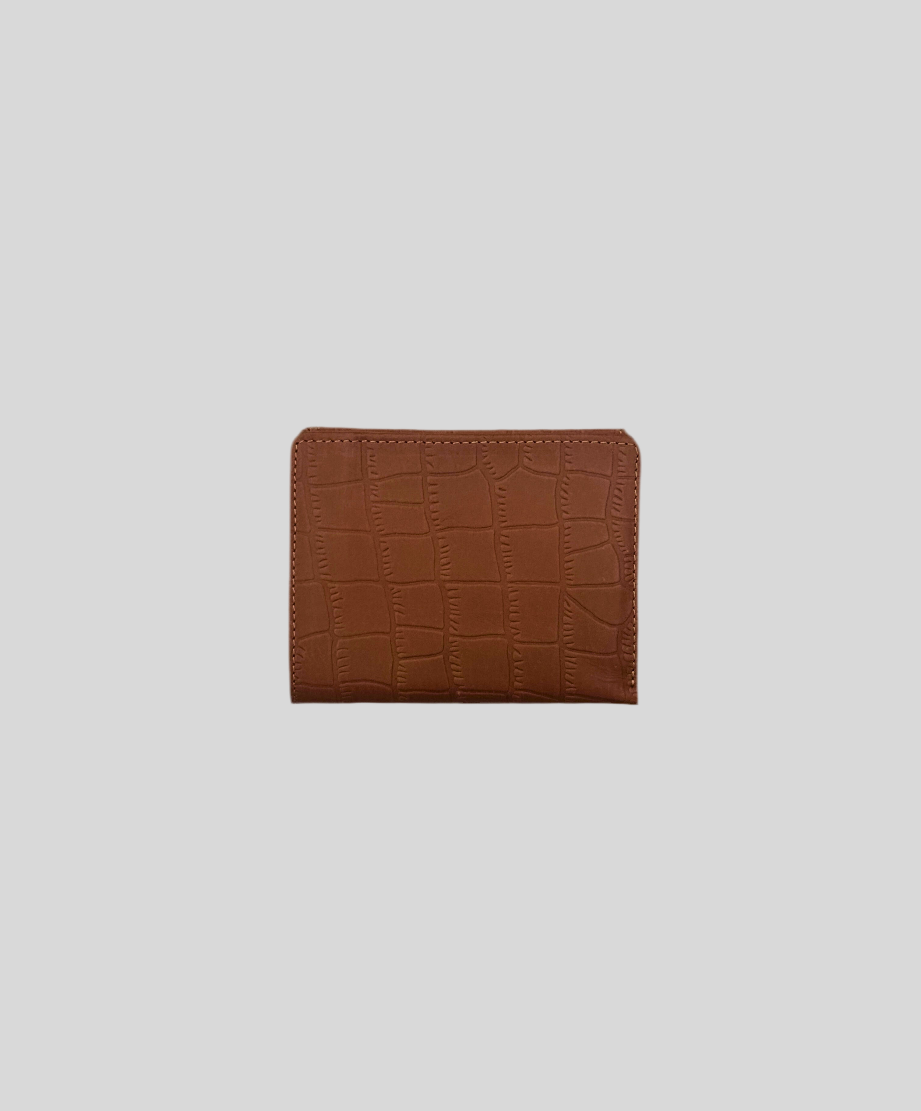 Tan Crocodile-Embossed Leather Bifold Wallet with Zipper & ID Window