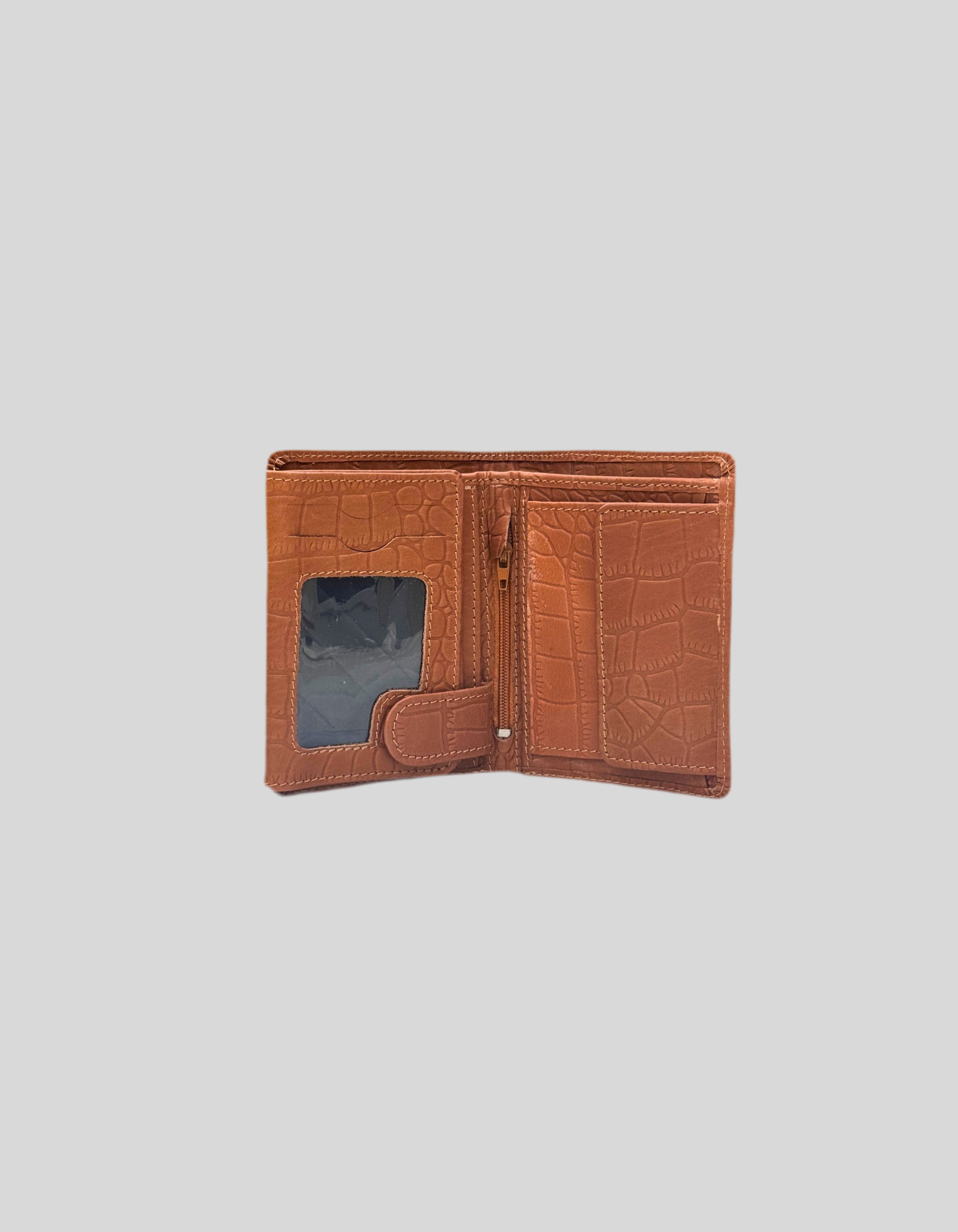 Tan Crocodile-Embossed Leather Bifold Wallet with Zipper & ID Window