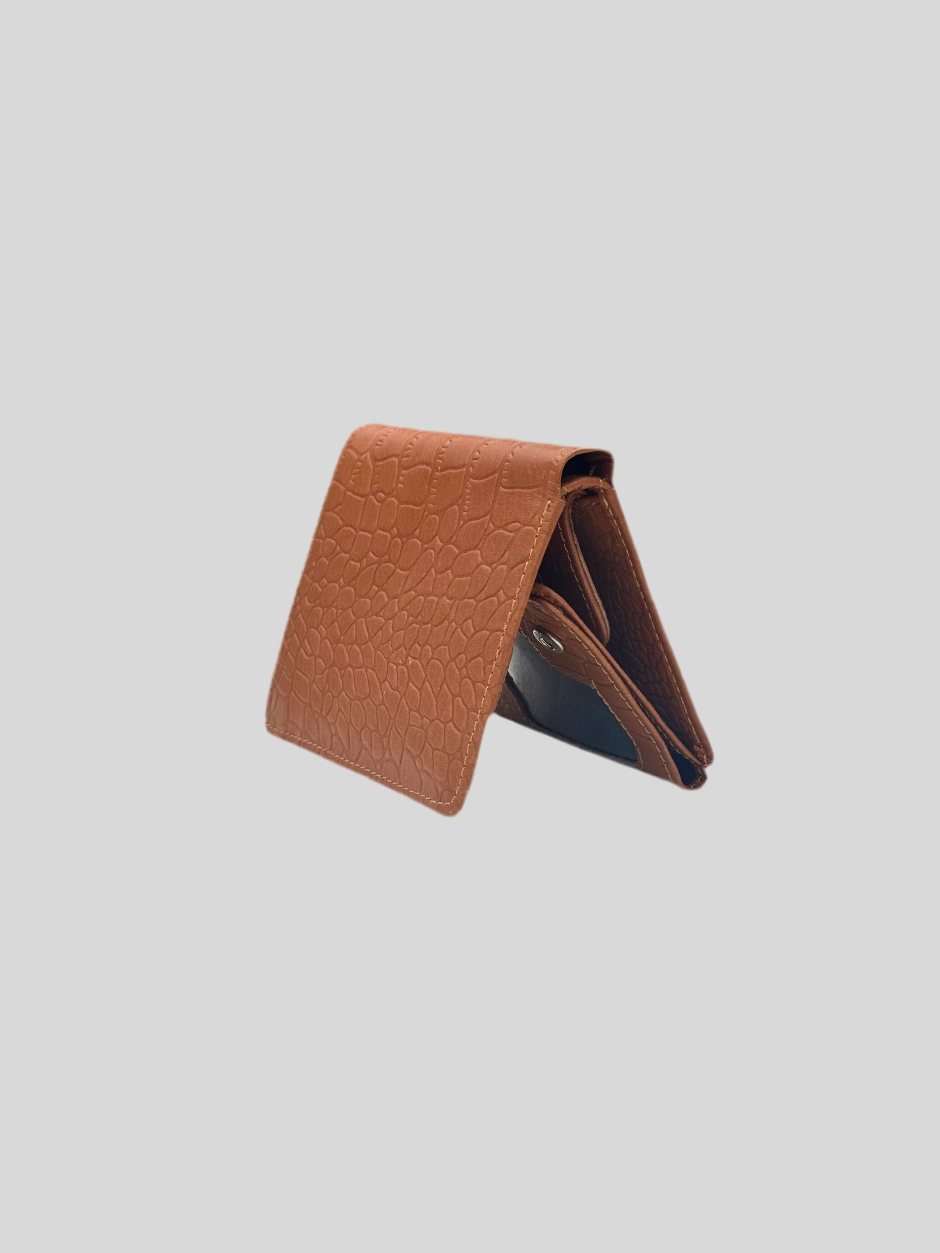 Tan Crocodile-Embossed Leather Bifold Wallet with Zipper & ID Window