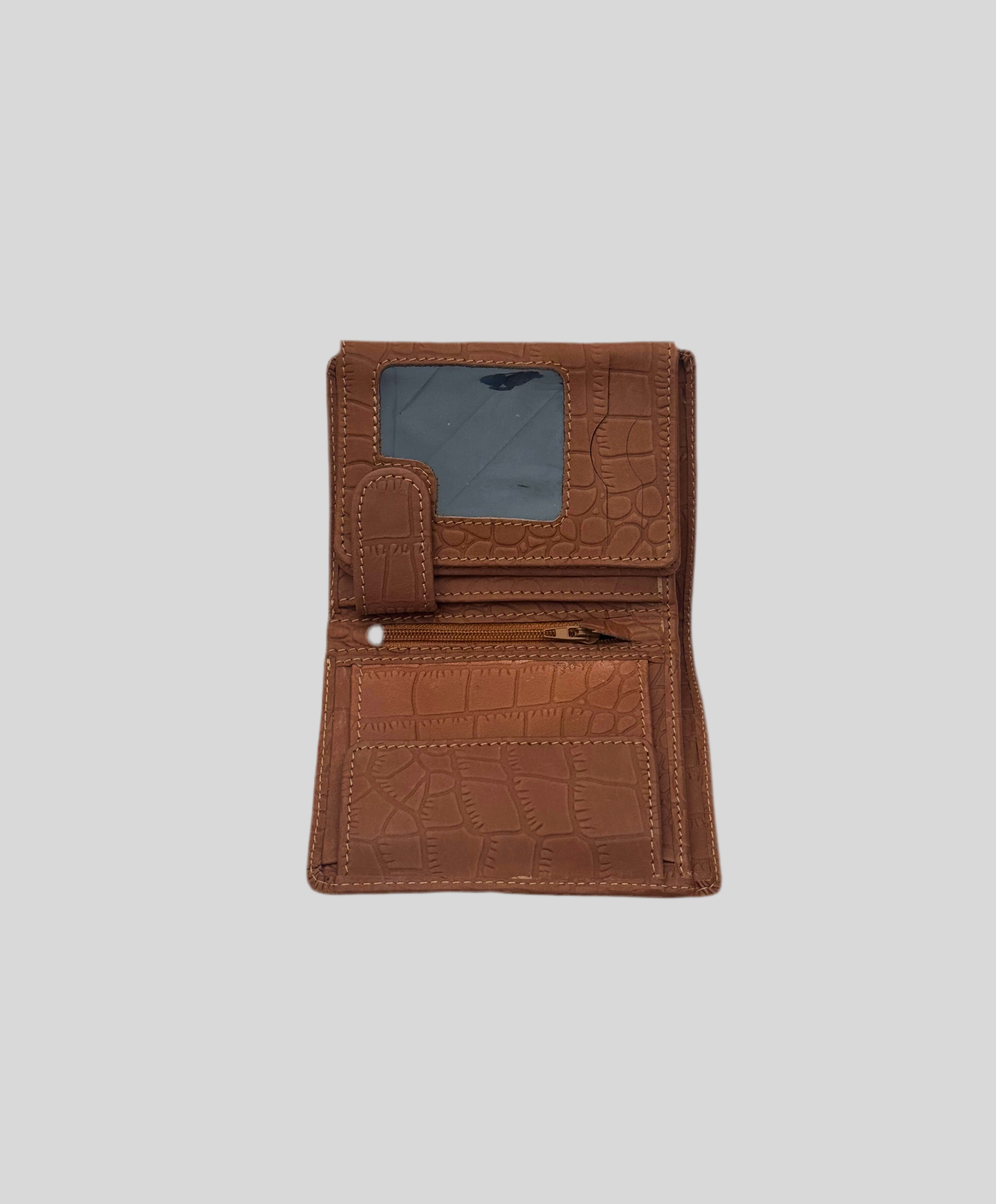 Tan Crocodile-Embossed Leather Bifold Wallet with Zipper & ID Window