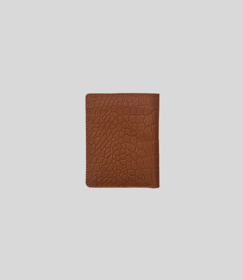 Tan Crocodile-Embossed Leather Bifold Wallet with Zipper & ID Window