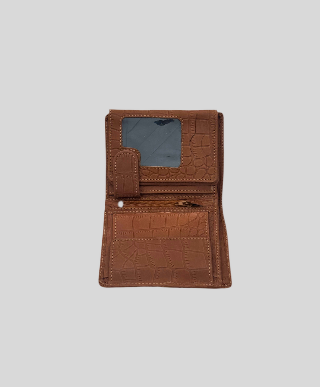 Tan Crocodile-Embossed Leather Bifold Wallet with Zipper & ID Window